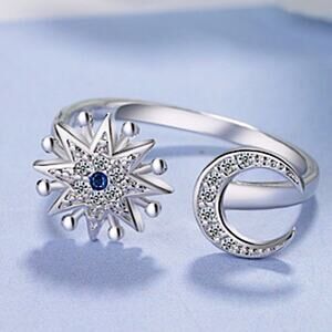 Sterling Silver .925 Adjustable Moon & Star Ring